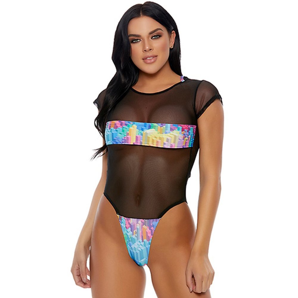 Sheer Mesh Hooded Bodysuit with Block Print Panels